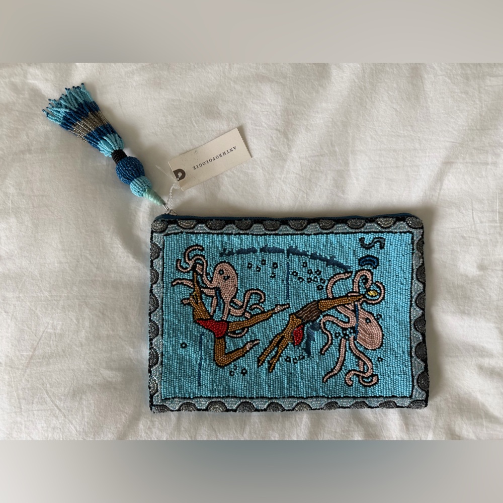 Anthropologie Blue and Pink Beaded Clutch